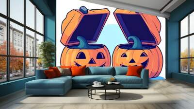 Two cartoonish jack-o'-lanterns with open tops, featuring playful grins, against a simple blue backdrop, embodying a festive Halloween spirit. Wall mural