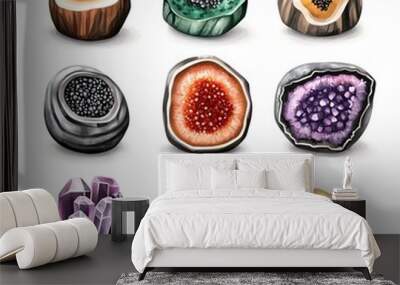 Various colorful crystals and geodes on a white isolated background. Wall mural