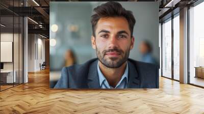 A businessman displaying passion, fervently discussing a project with a colleague in a sleek office with a blank background, closeup shot Wall mural