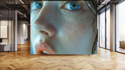 Close-up portrait of a woman with blue eyes and wet skin. Wall mural