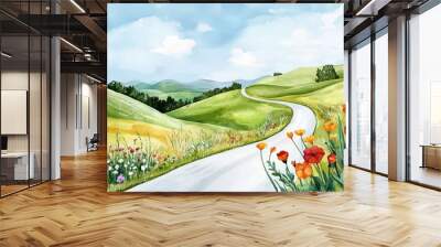 Scenic winding road through vibrant fields and hills under a sunny sky. Wall mural