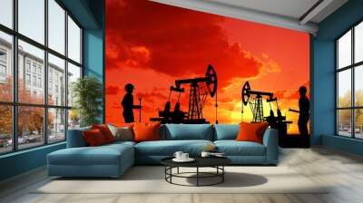 two man on oilfield with pump Wall mural