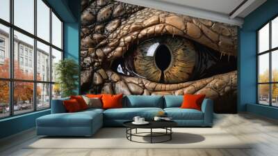 A alligator eye tearing a rip through the background wall. crocodile animals eyes. generative ai Wall mural