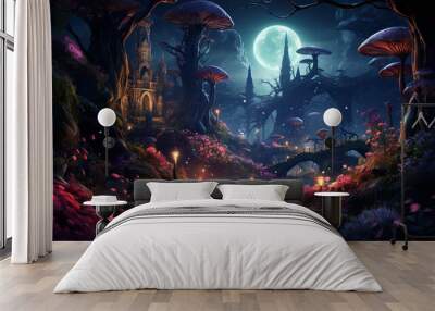 A beautiful fairytale enchanted forest at night with fabulous Fairytale blooming Flower. ai Wall mural