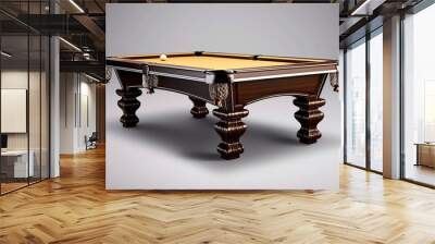 A classic wooden pool table with a single white ball on the felt green surface.  The table is isolated on a gray background. Wall mural