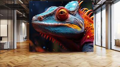 A colorful close up chameleon with a high crest on its head. generative ai Wall mural