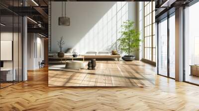 a living room with wood flooring and white walls. Ai Generative Wall mural