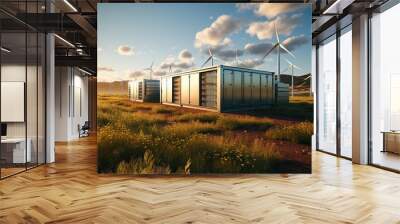 A row of large metal containers for energy storage, with wind turbines in the background, in a field of grass under a sunset sky. Wall mural