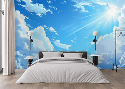 Blue sky with clouds. Anime style background with shining sun and white fluffy clouds. Generative Ai Wall mural