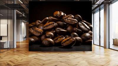 Brown roasted coffee beans, seed on dark background. Espresso dark, aroma, black caffeine drink Wall mural