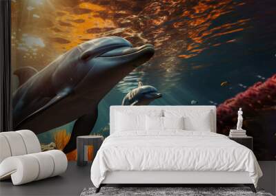 Charming dolphin playing coral reef underwater dreaming sunset hanging water surface. generative ai Wall mural