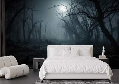 Dead cliff road on the dead mysterious forest with three crows on the night Wall mural