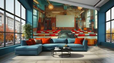 Empty Classroom with Red Chairs Wall mural