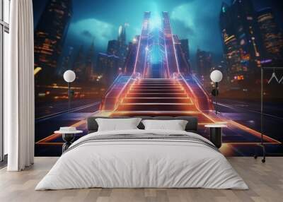 Futuristic Cityscape with Glowing Stairs Wall mural