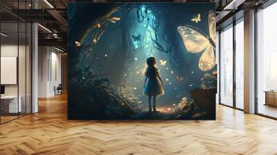 Girl in dress with shining butterfly walking in fantasy fairy tale elf forest Wall mural