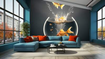 Goldfish jump. goldfish jumping out of the water. rise and improvement concept Wall mural