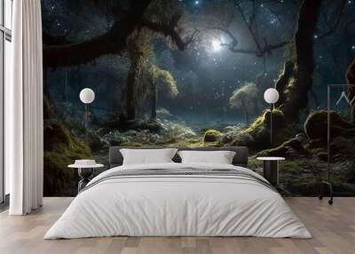 Magical dark fairy tale forest at night with glowing lights and fog. AI Generative Wall mural