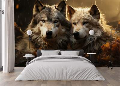 Mexican Gray wolf love couple. Generative Ai Wall mural