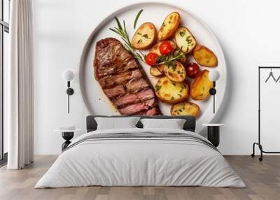 Top view of delicious grilled beef steak and rustic potatoes wedges. AI Generative Wall mural