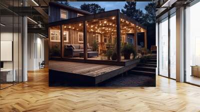 Wooden deck and patio of family home at night Wall mural