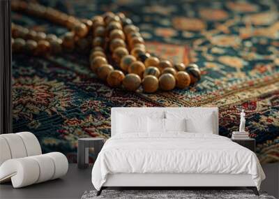 Wooden Prayer Beads on Ornate Rug Wall mural