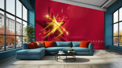 3d gold star with glitter light and fire effect decoration and bokeh element and beam. Luxury award ceremony background concept. Wall mural