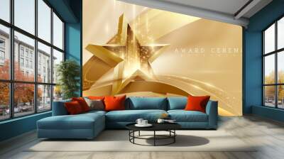 3d gold star with ribbon element and glitter light effect decoration and bokeh and beam. luxury awar Wall mural