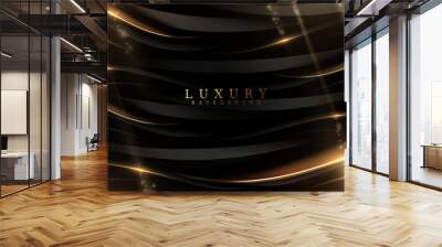 Abstract black ribbons background overlapping gold curve elements with golden light effects decoration and bokeh, Luxury style design concepts. Wall mural