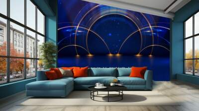 Abstract blue luxury modern art background with gold circle frame elements with empty space and glitter light effects decoration and bokeh. Wall mural