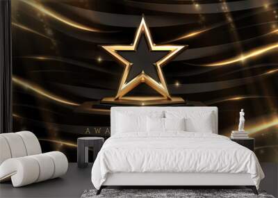 Award ceremony background with 3d gold star and ribbon element and glitter light effect decoration. Luxury modern scene style. Wall mural