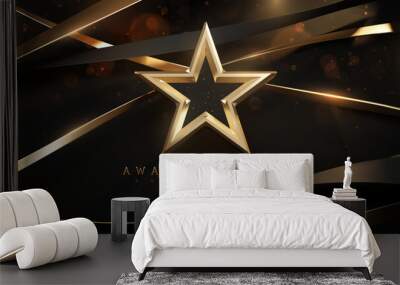 Award ceremony background with 3d gold star and ribbon element and glitter light effect decoration. Wall mural