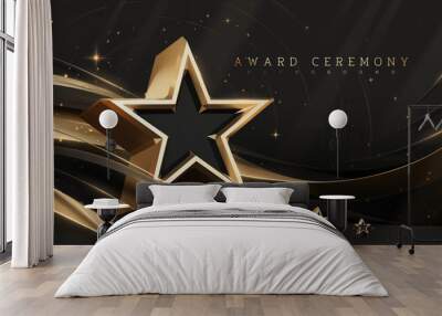 Award ceremony background with 3d gold star and ribbon element and glitter light effect decoration. Wall mural