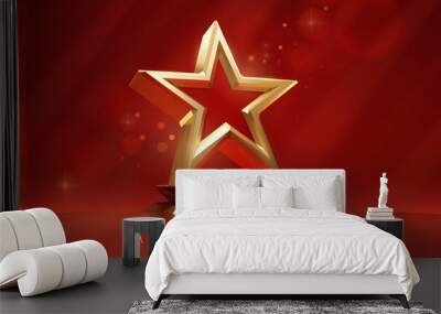 Award ceremony background with 3d gold star element and glitter light effect decoration and bokeh. Wall mural