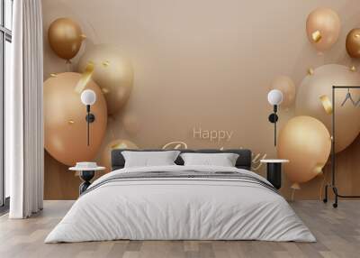 Balloons and ribbon on brown watercolor shade background. Birthday card background 3d realistic luxury style. vector illustration for design. Wall mural