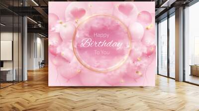 Birthday card background with balloon and gold ribbon on cloud element. 3d luxury realistic style on pink background. Vector illustration creative for design. Wall mural