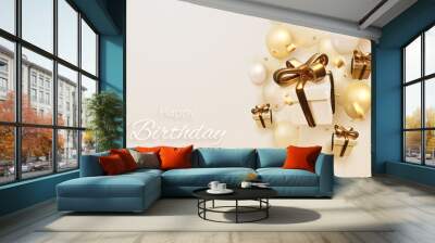 Birthday card with luxury balloons and ribbon, gift box 3d style realistic on cream shade background. vector illustration for design. Wall mural