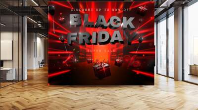 Black Friday poster with realistic gift boxes, balloons, and captivating red neon light effects. Luxury black background. Wall mural