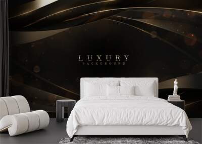 Black luxury background with golden ribbon elements and glitter light effect decoration and bokeh and stars. Realistic 3d style design. Vector illustration. Wall mural