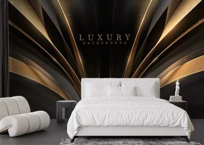 Black luxury background with golden ribbon elements and glitter light effect decoration and stars. Realistic 3d style design. Vector illustration. Wall mural