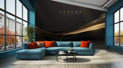 Black luxury background with golden ribbon elements and glitter light effect decoration and stars. Wall mural