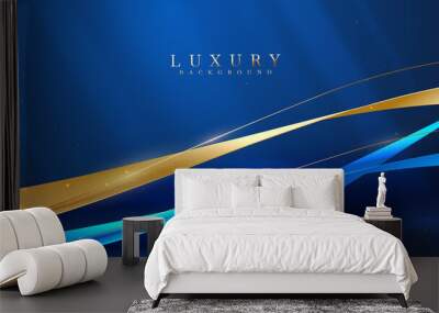 Blue luxury background with gold ribbon decoration and glitter light effect elements. Wall mural