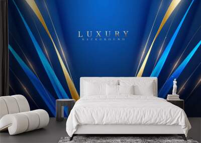 Blue luxury background with gold ribbon decoration and glitter light effect elements. Wall mural