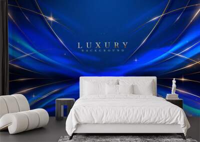 Blue luxury background with golden line decoration and curve light effect with bokeh elements. Wall mural