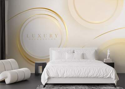 Circle frame and gold ribbon with glitter light effect element. Pastel cream elegant background. Wall mural