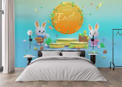 Colorful easter background with product display stand and two cute bunnies decorated with gold eggs and ribbons. Vector illustration. Wall mural