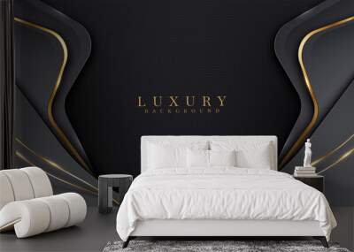 Elegant abstract black background with line golden elements. Realistic luxury paper cut style 3d modern concept. vector illustration for design. Wall mural