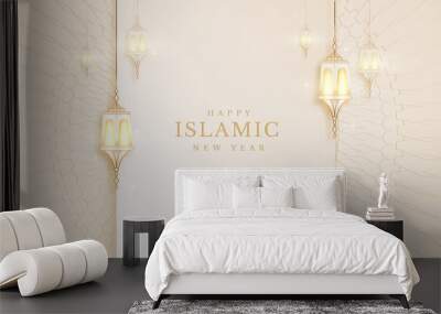 Elegant islamic new year creative card poster background. lamp golden on pattern color cream feeling about luxury concept paper cut style. vector illustration for design. Wall mural