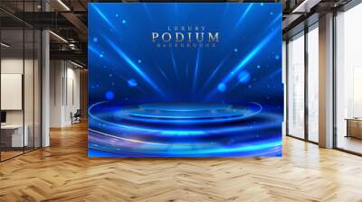 Empty podium golden on blue background with light neon effects with bokeh decorations. Luxury scene design concept. Vector illustrations. Wall mural