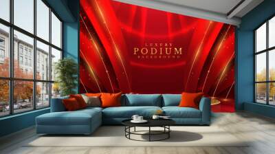 Empty podium golden on red background with light neon effects with bokeh decorations. Luxury scene design concept. Vector illustrations. Wall mural