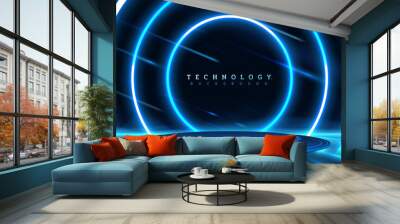 Futuristic empty podium sky blue on blue background with neon light effects with bokeh decorations. Luxury scene design concept. Wall mural